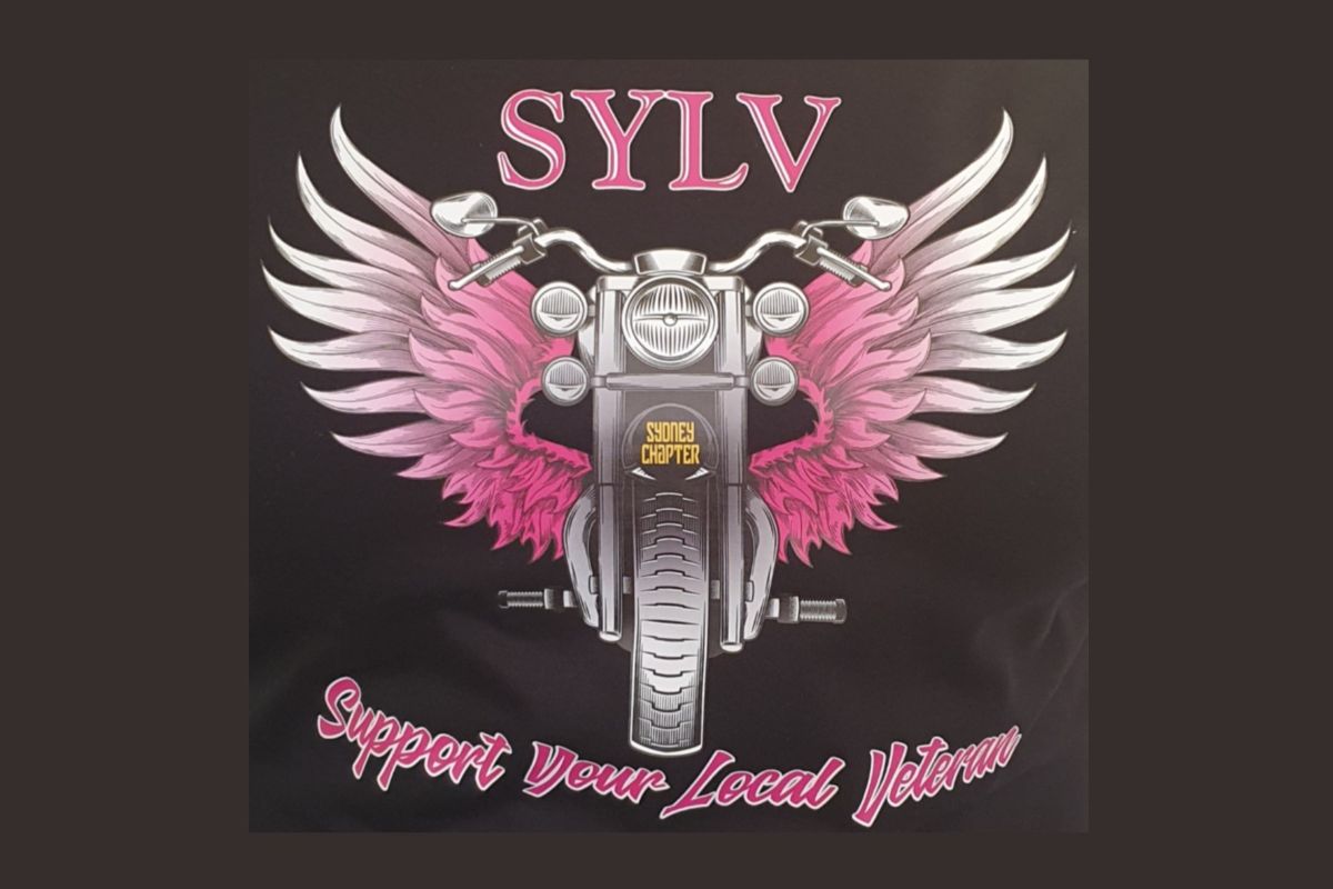 SYLV Support Your Local Veteran black t-shirt with pink design