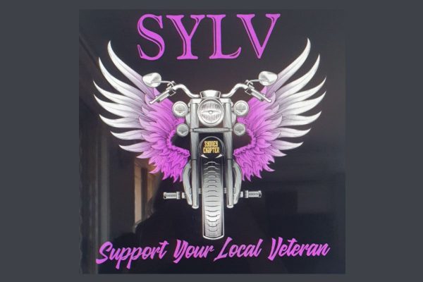 SYLV Support Your Local Veteran black t-shirt with purple design. Also available in white.