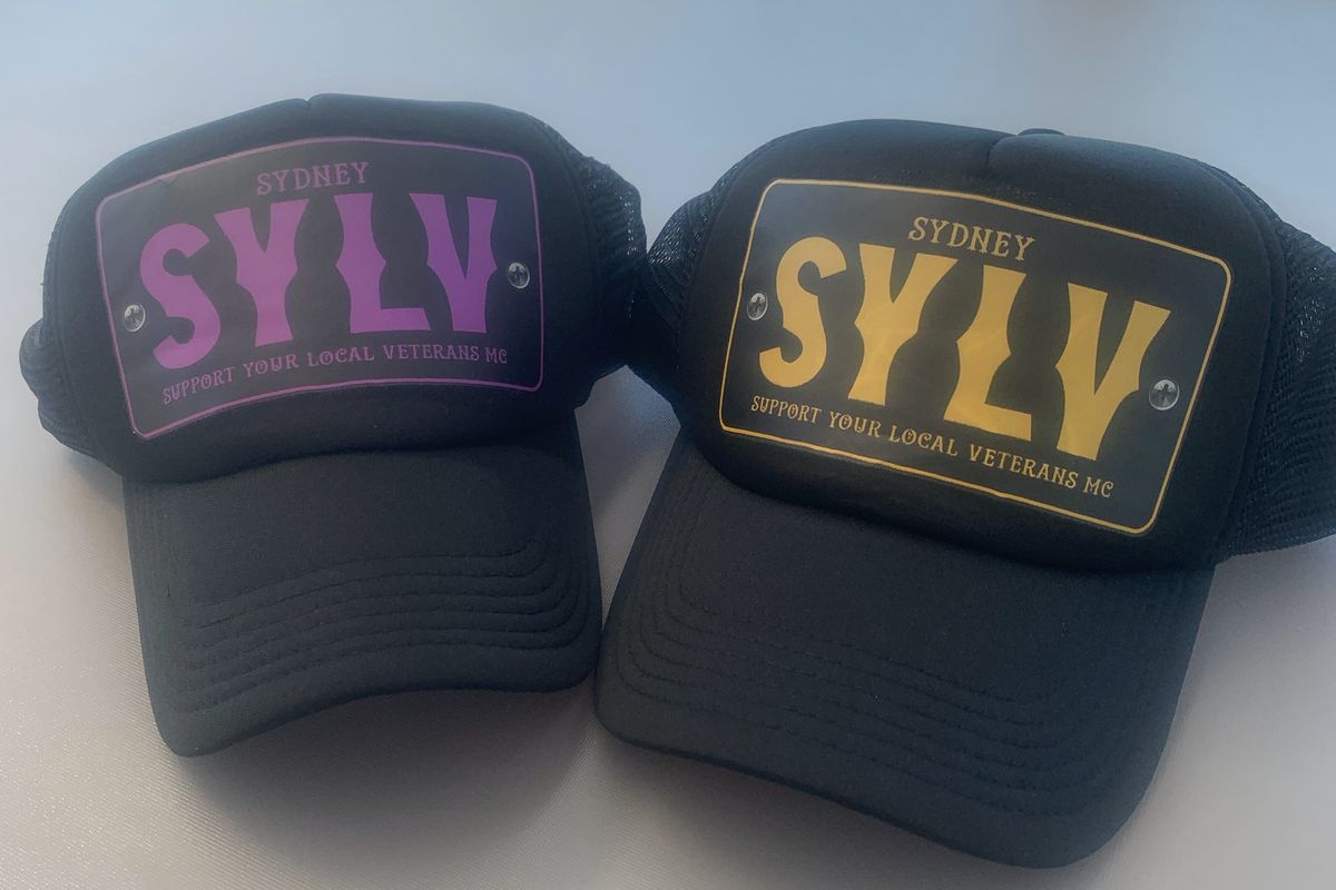 Sydney Support Your Local Veterans (SYLV) Motorcycle Club Black Cap Hat with purple or yellow design